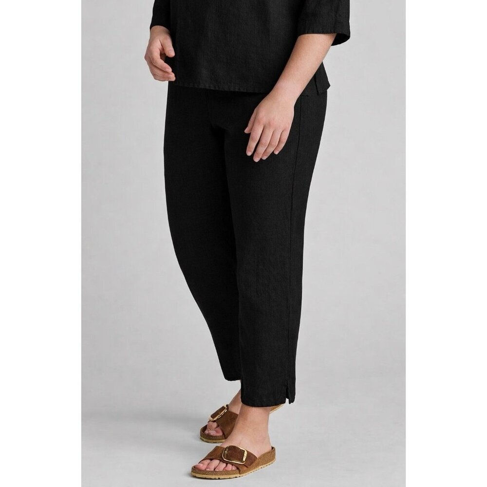 Flax Black Linen Pull On Straight Ankle Pants Elastic Waist Woman's Size Small